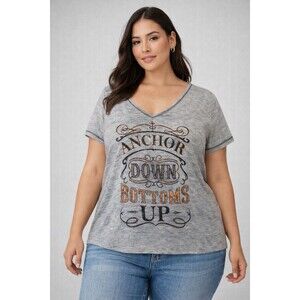 Maurices Anchor Down Bottoms Up Graphic Tee Gray V-Neck Plus 2 Summer River Lake